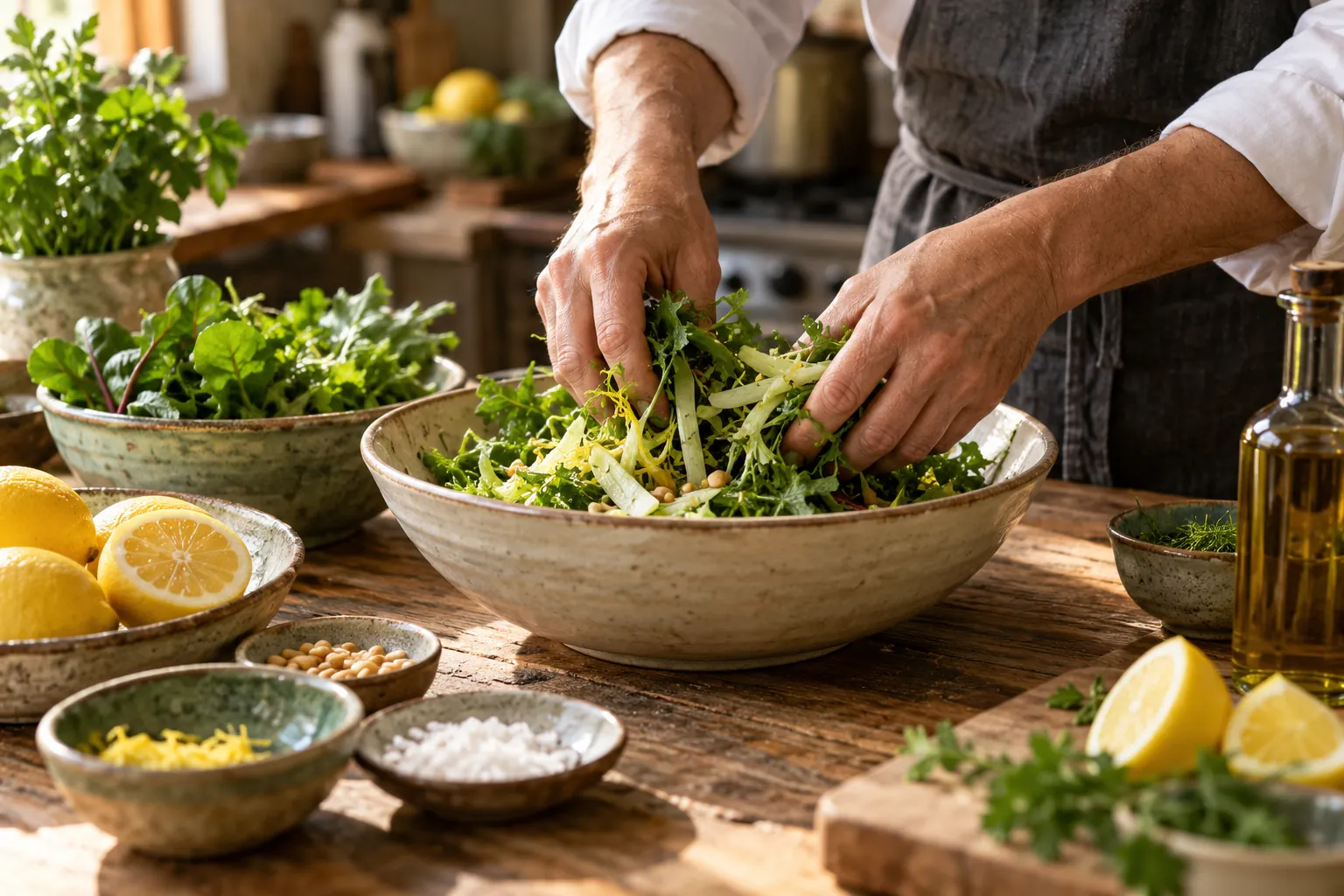 Mutfakta salata hazırlayan eller