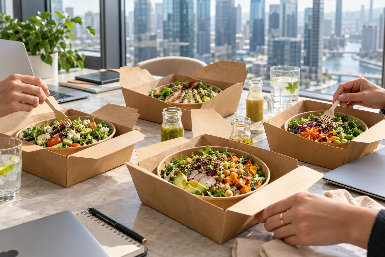 Ofis masasında açık kraft salata kutuları