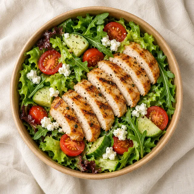 Izgara Tavuklu salata, kraft kasede üstten görünüm