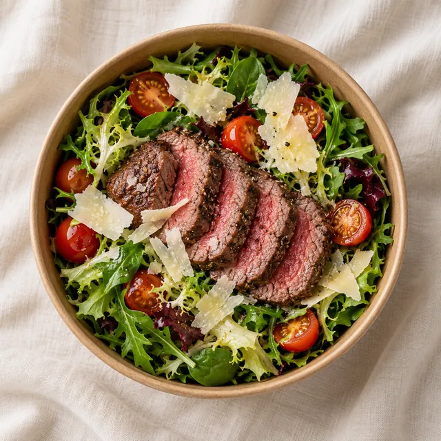 Klasik Bonfile salatası, kraft kasede üstten görünüm