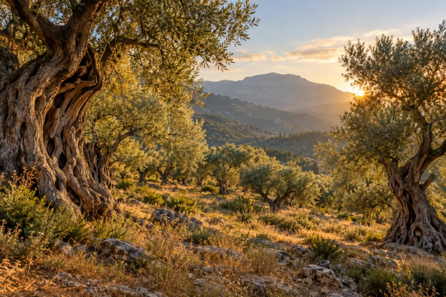 Gün batımında yaşlı zeytin ağaçları